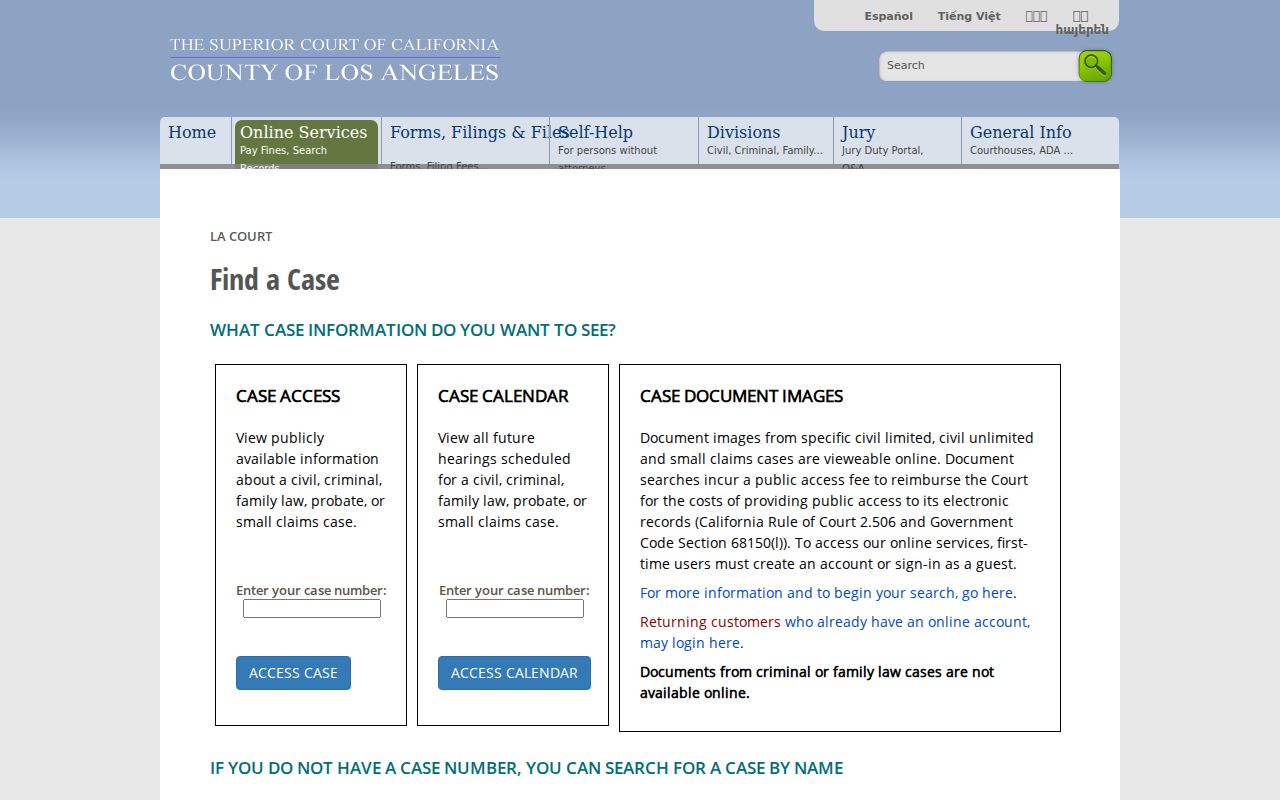 Palmdale residents directory view of Los Angeles Superior Court case search